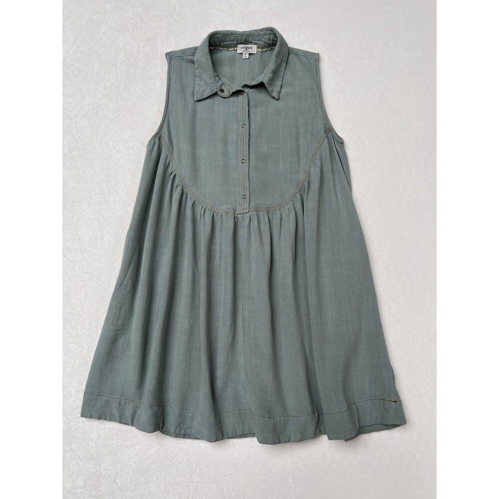 Umgee Linen Blend Babydoll Dress M Sage Green Sleeveless Collared Pockets Boho